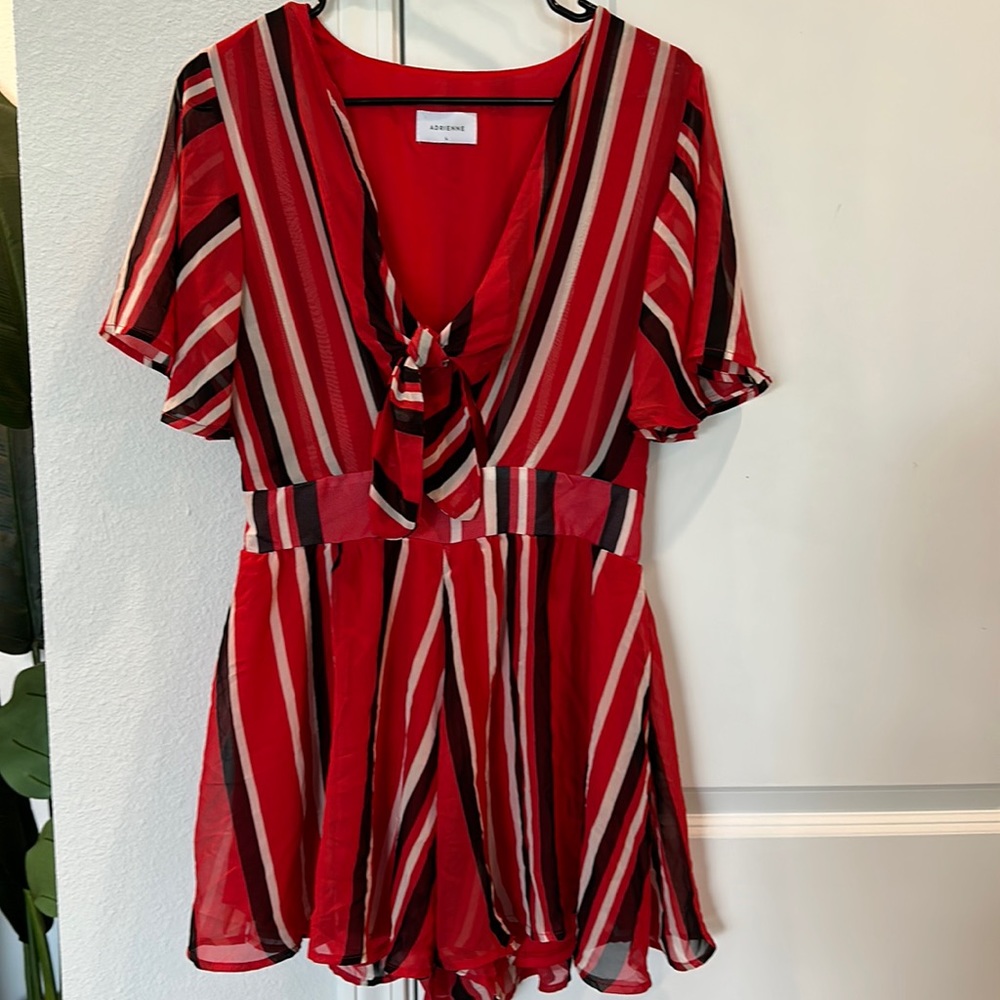 NWOT Adrienne Stripe Romper. Size Large. Never worn. Red, black and white.